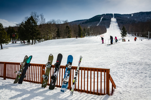 magic mountain ski resort in vermont looking up mountain from the base area