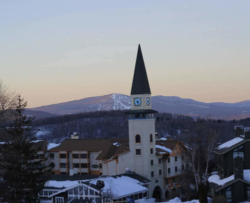 stratton ski resort with the clock tower in foreground