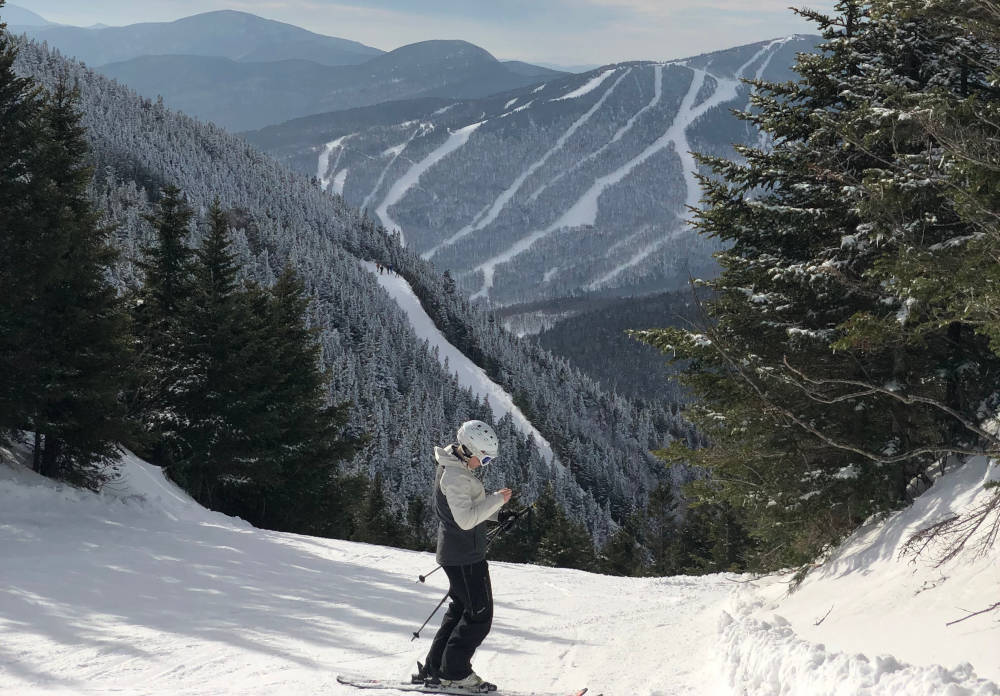 smugglers notch skiing with stowe mountain in background