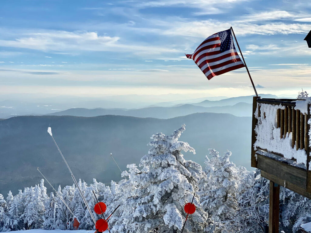 American flag on Stowe mountain during winter
